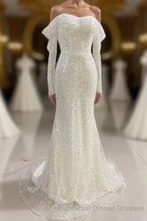 Ivory Mermaid Sequined Semi Formal Prom Dress with Long Sleeves, Sparkly Long Party Dresses